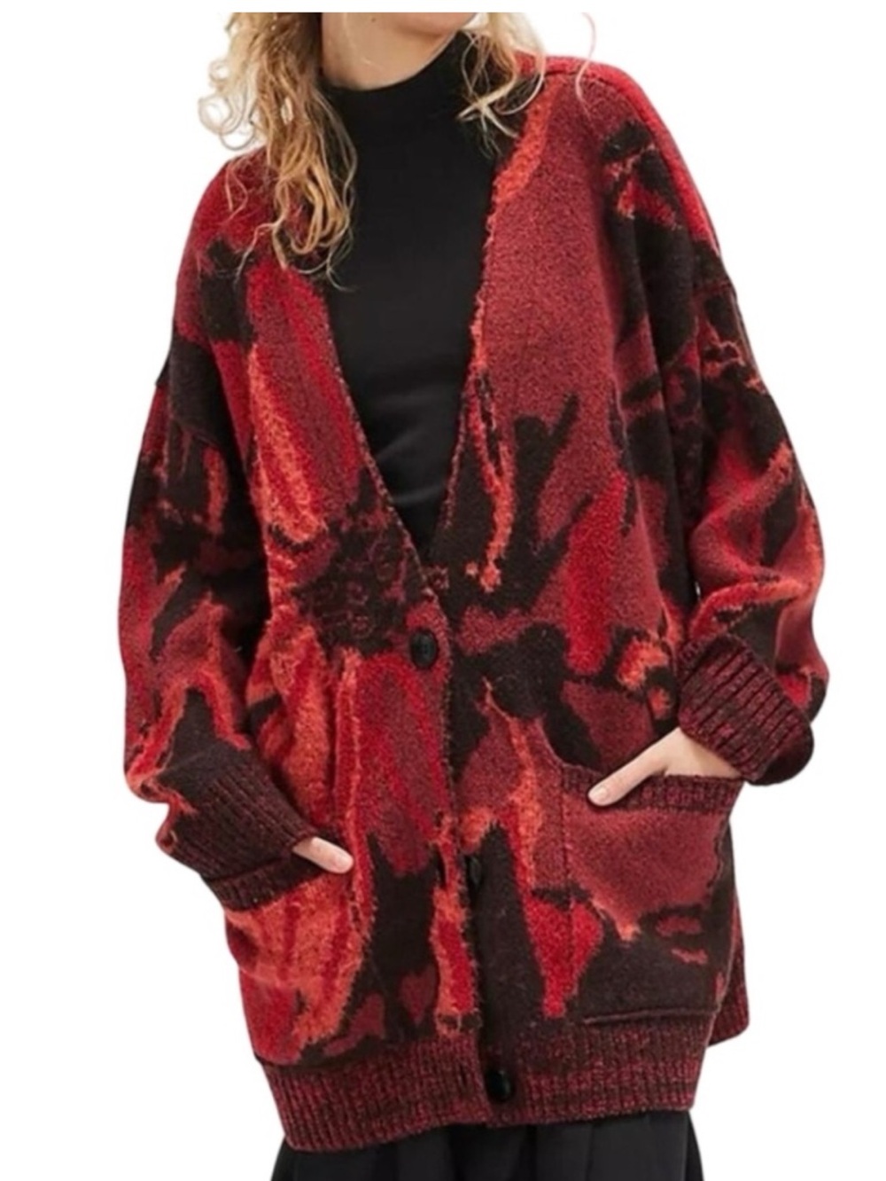 Free People State Side Oversized Button  Cardigan Red Combo  Floral Small NWOT
